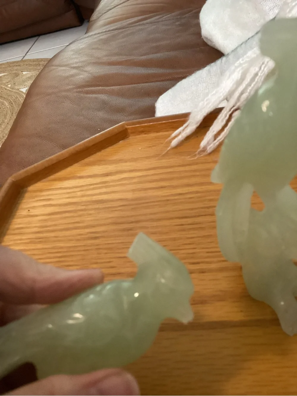 Carved Jade-Look Parrot Figurines -Have Damage on Head Feathers